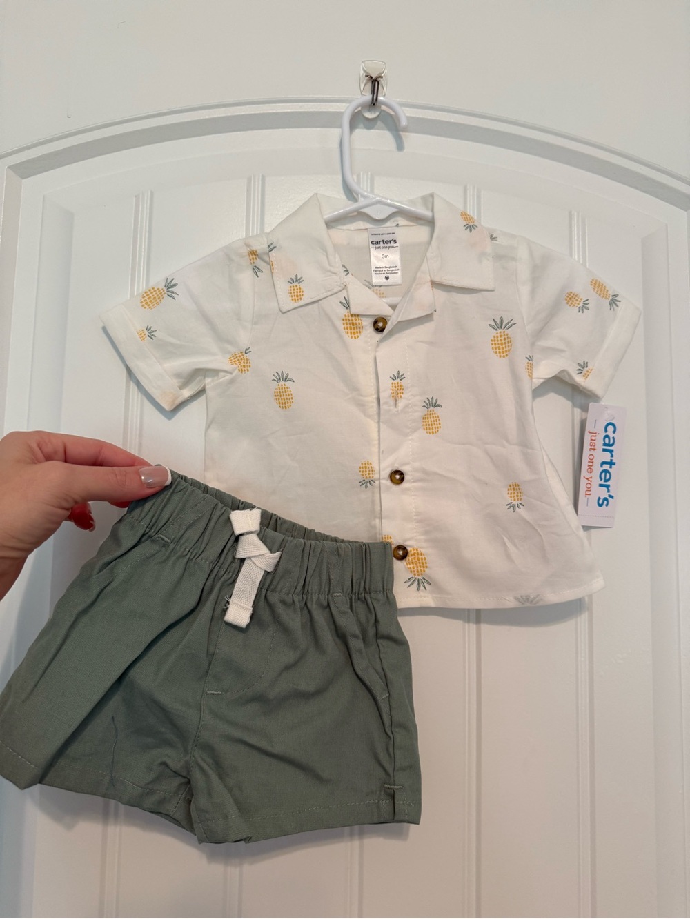 Carter's White Pineapple Button-Down Shirt & Olive Green Shorts Set